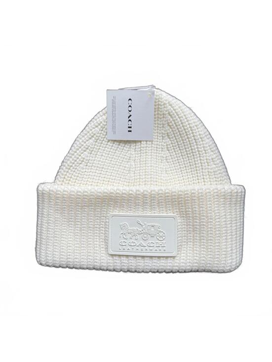 Coach Accessories - Coach White Knit Beanie Hat with Logo Patch
